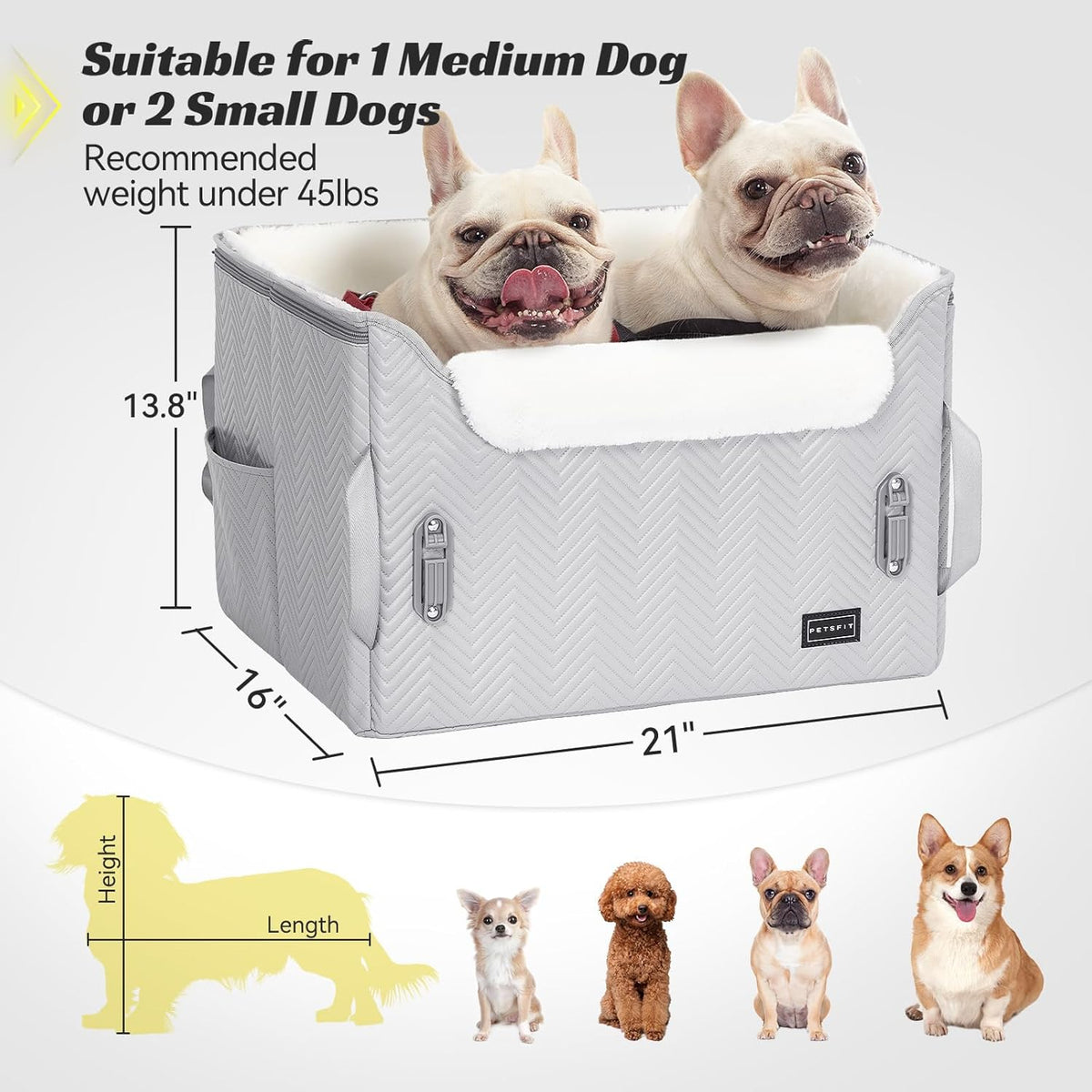 PETSFIT Dog Booster Car Seat, Waterproof PU Leather Car Seat for Dogs with Patented Safe Buckles, 2 Clip-On Safety Leashes, Suitable for 2 Small Dogs or a Medium Dog (Medium, Grey)