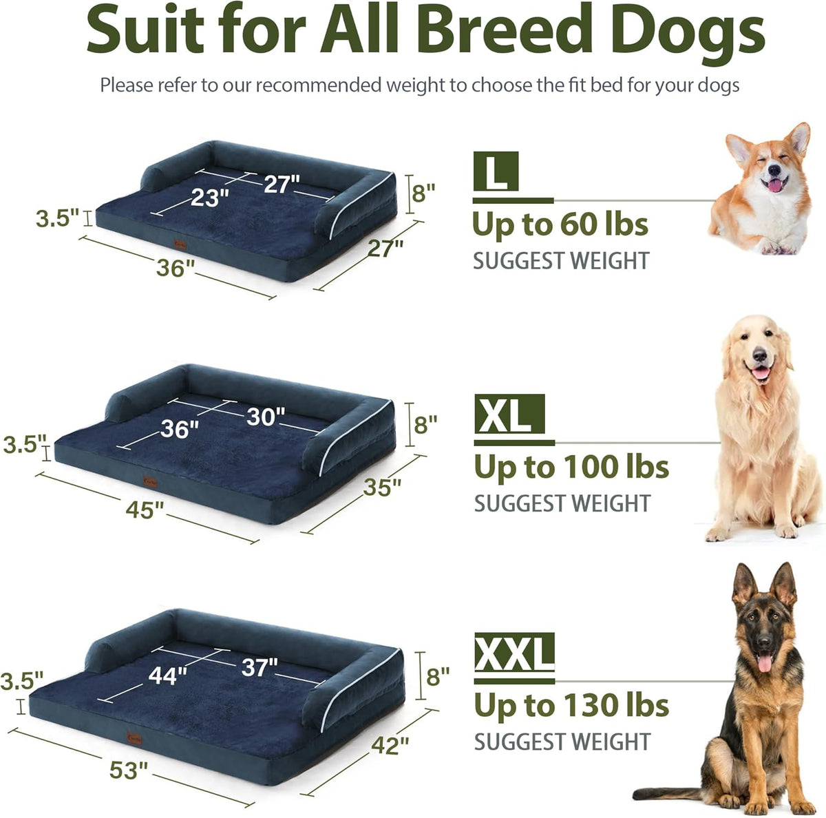 Orthopedic Dog Beds for Extra Large Dogs, Waterproof Dog Beds XLarge, Memory Foam Dogs Couch Beds with Comfy Bolster, Removable Washable Cover and Nonskid Bottom (X-Large,Navy Blue)