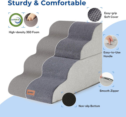 Dog Stairs Ramp for Bed 19.7" H - Pet Stairs Steps for Small to Medium Dogs to Get on Bed and Couch, 35D Foam with Non-Slip Bottom Beige, 4 Steps