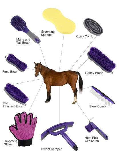 Horse Grooming Kit (12-Piece): Brushes, Storage Bag, Sweat Scraper, Mane Comb, Grooming Gloves - Purple Horse Gifts for Girls