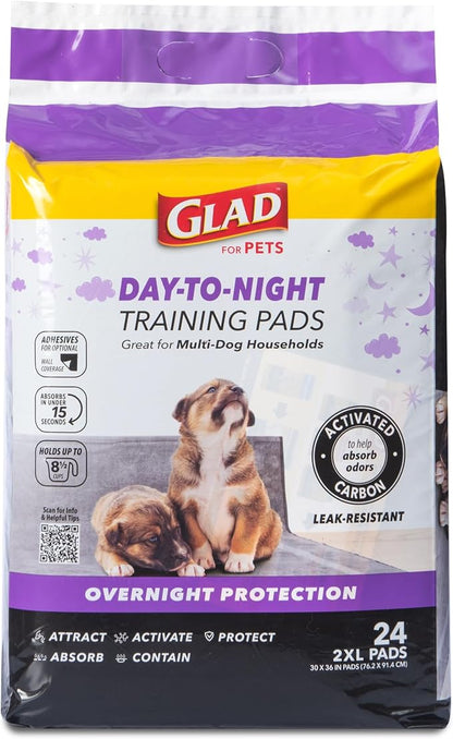 Glad for Pets Giant Activated Carbon Training Pads, 30 x 36 In, 24 Count | Adhesive backing and wall protection for leak-proof, super-absorbent day-to-night coverage