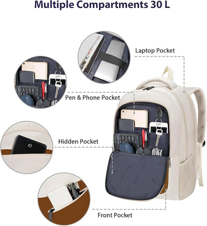 MATEIN 17.3 Inch Womens Laptop Backpack, Water Resistant Work Business Backpack with Multiple Pockets Fits 17 Inch Computer Notebook, Spacious Commute Bag TSA Approved and Comfortable, Beige Brown