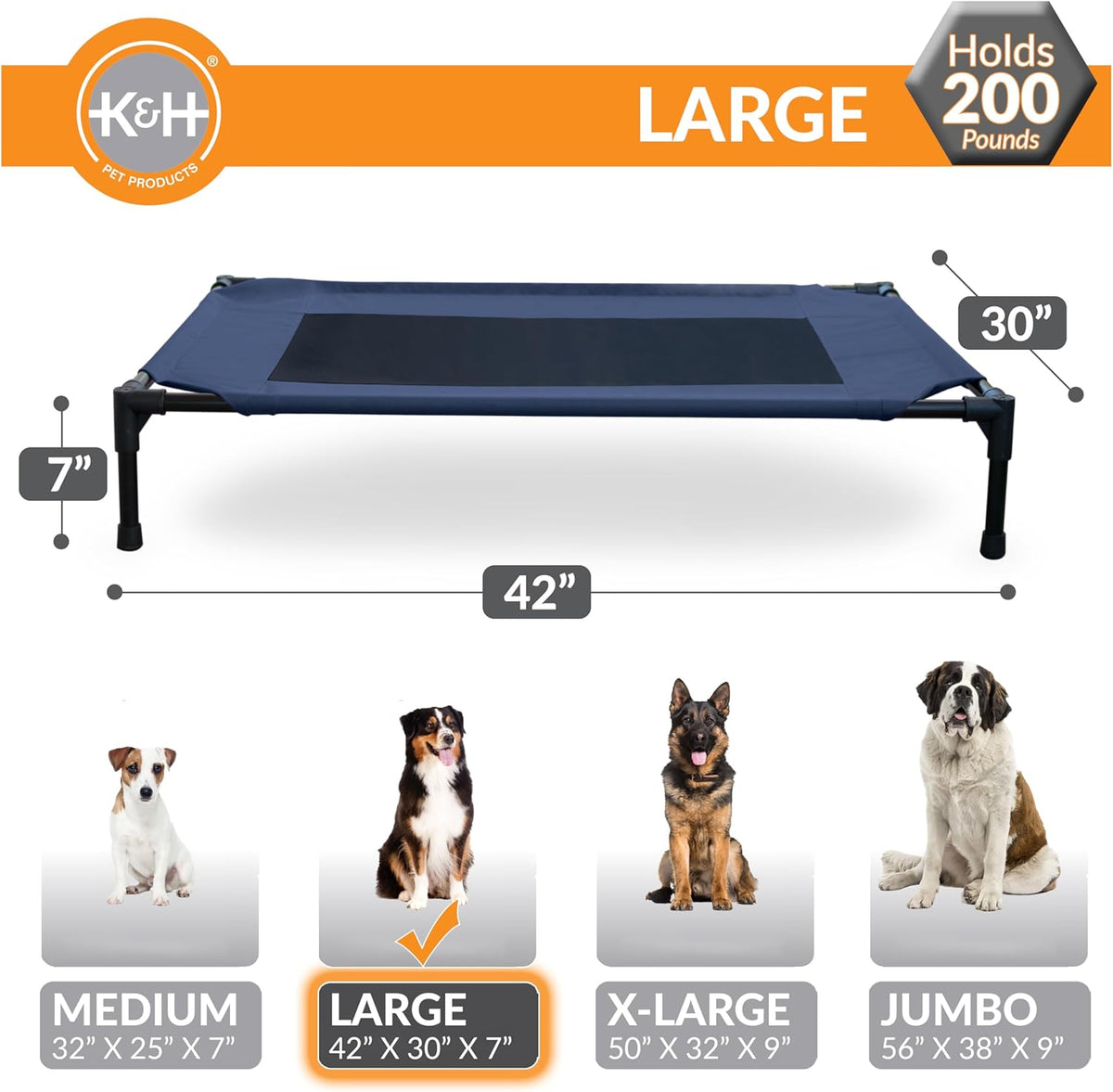 K&H Pet Products Outdoor Elevated Dog Cot, Breathable Cooling Elevated Cot Hammock Pet Bed for Large Dogs, Washable Mesh Cover, Raised Metal Frame, Collapsible, Portable - Large 42 X 30in Blue