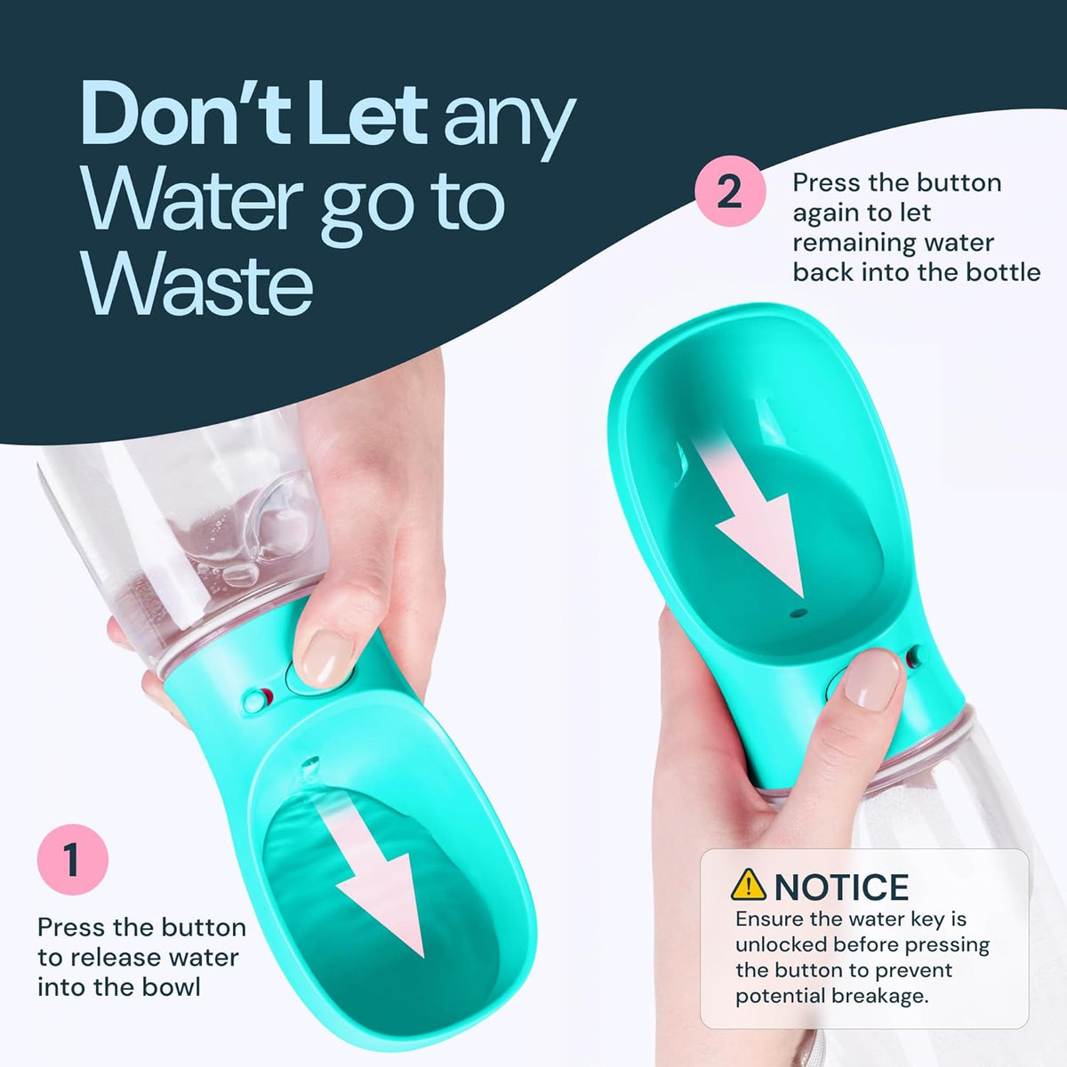 MalsiPree Leak Proof Portable Dog Water Bottle & Dog Travel Water Bottle Dispenser with Bowl - 12 oz, Blue - Food Grade Plastic- Puppy Essentials - Pet Travel Portable Doggy Bowl