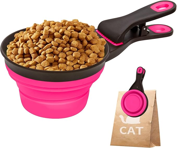 Collapsible Silicone Dog Food Scoop Foldable Pet Food Measuring Cup with Bag Clip 3 in 1 Multi-Function Silicone Dog Food Scooper (Rose Red, Medium)