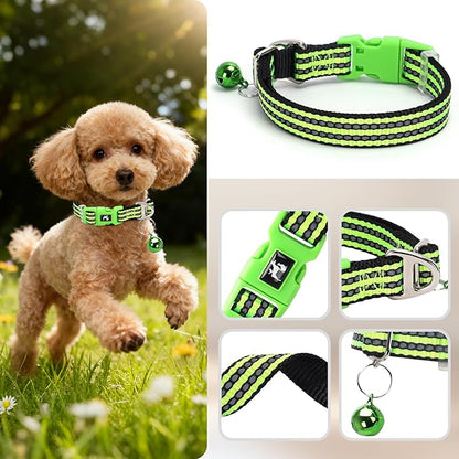 Small Dog Collar with Bell Reflective - Adjustable Tiny XS XXS Breed Collar for Girl Boy Chihuahua Puppies, Night Walk Safety Accessory（Green S）