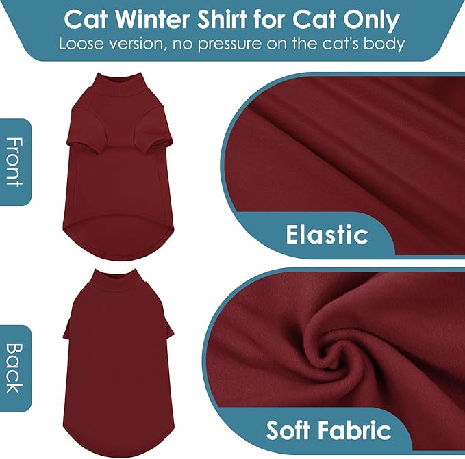 SUNFURA Turtleneck Sweater for Cat, Sphynx Hairless Cats Shirt Sweaters with Sleeves, Warm and Soft Kitten Pullover Fleece Winter Pajamas Jumpsuit for Puppy, Burgundy L