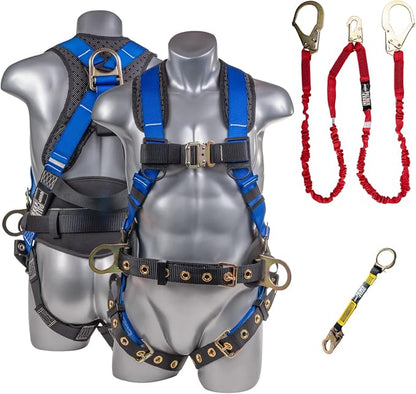 Fall Protection Hammerhead Kit I 5pt Safety Harness, 6' Double Leg Lanyard, 18" D-Ring Extender (Blue - SM)