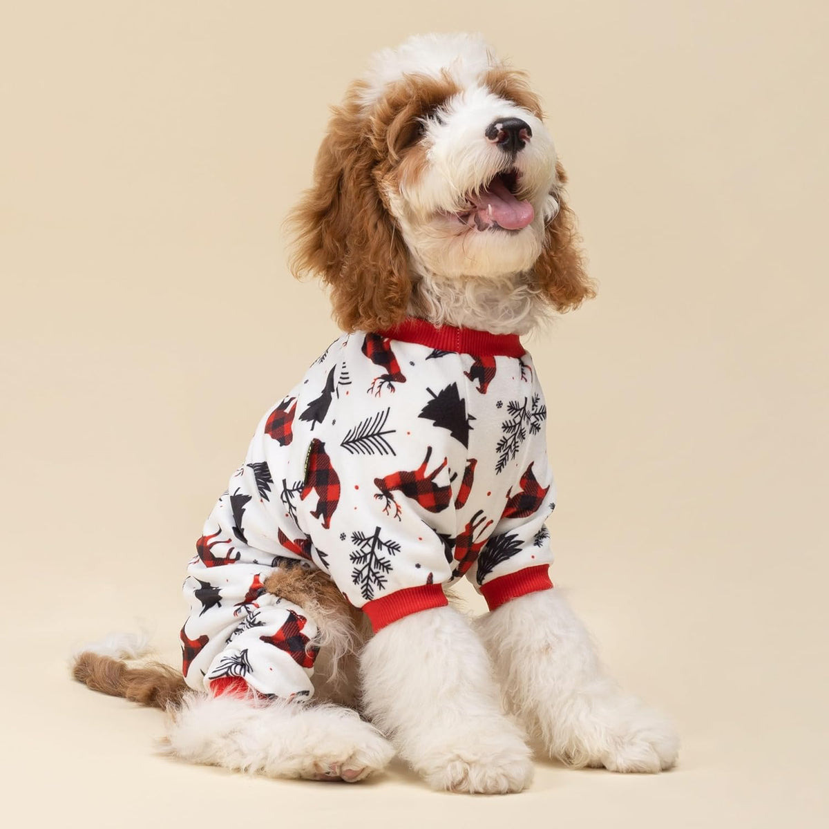 Fitwarm Reindeer Dog Christmas Pajamas, Winter Doggy Clothes for Small Dogs Boy Girl, Fleece Dog Onesie with Feet, Holiday Pet Outfit, Black, White, Red, XL