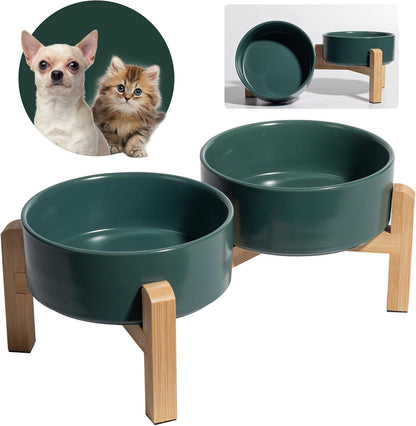 Elevated Ceramic Dog Bowl Set - Raised Feeding Bowls with Non-Slip Bamboo Stand - Small Pet Dishes for Food and Water - Ideal for Cats and Puppies - 16.23 OZ - 2 Cups - 480 ML