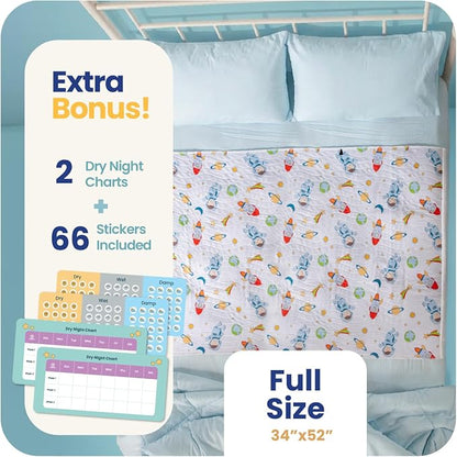 IMPROVIA® Pee Pads for Kids - Bed wetting Pads for Kids Potty Training Bed mats for Toddlers Waterproof Reuseable Washable Absorbent, Non Slip - Space Design - Full Size 34”x52