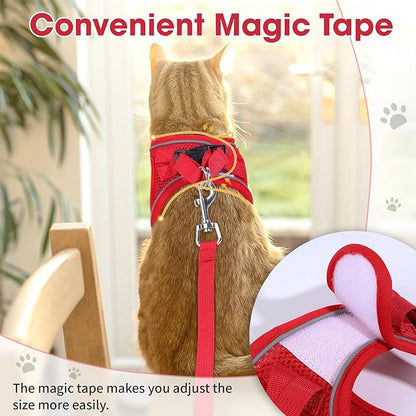 Cat Vest Harness and Leash Set for Walking Escape Proof, Adjustable Kitten Harness Breathable Mesh with Reflective Strips Harness for Kitty Puppy Bunny (Red, S)