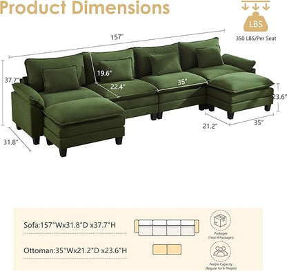 URRED Cloud Couch Modular Sectional Sofa, 157" Modern U Shaped Deep Seat Sofa with 2 Ottomans & Pillows, Ultra Comfy Corduroy Couches for Living Room, Bedroom or Apartment, Green