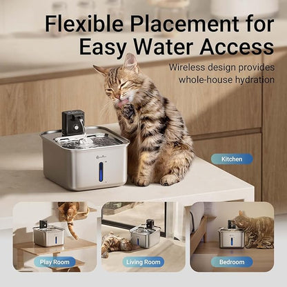 DownyPaws Cat Water Fountain Stainless Steel Wireless, 101 oz/3L FurSink Cordless Cat Water Dispenser for Pets, Battery Operated Dog Drinking Fountain with Motion Sensor, Metal with 6 Filters