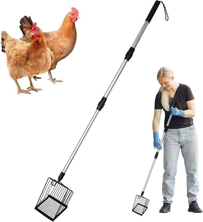 Metal Large Chicken Poop Scooper,3-in-1 Detachable Chicken Coop Scoop with Stainless Steel Telescopic Handle(22-41.9in),Multifunctional Metal Litter Scoop for Pooper Scooper