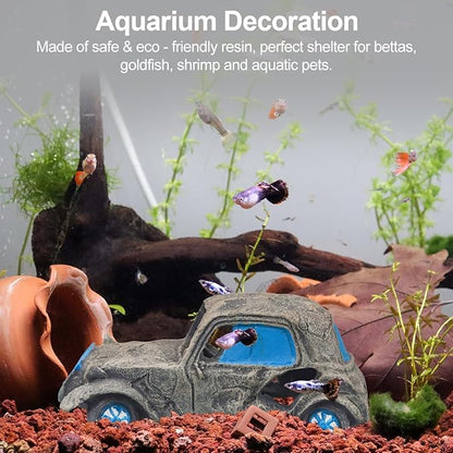 Virekm Aquarium Decorations, Aquarium Decorations for Fish Tank - Realistic Resin Rock Cave Hideouts, Safe Fish Tank Ornaments with Natural Design for Betta, Goldfish, Shrimp - Easy to Clean (car)