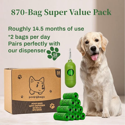 870 Counts Dog Poop Bags Rolls with Dispenser & Leash Clip, Scented Poop Bags for Dogs Waste, Extra Thick & Leak Proof for Poop Doggie Puppy Pet Waste, 9" x 13", Green