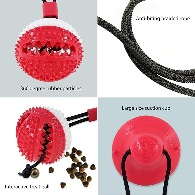 Dog Toys, Dog Chew Toys for Aggressive chewers,Rope with Suction Cup for Puppy Training Treats Teething for Boredom, Small Dog Puzzle Toy Treat Food Dispensing Ball (red)