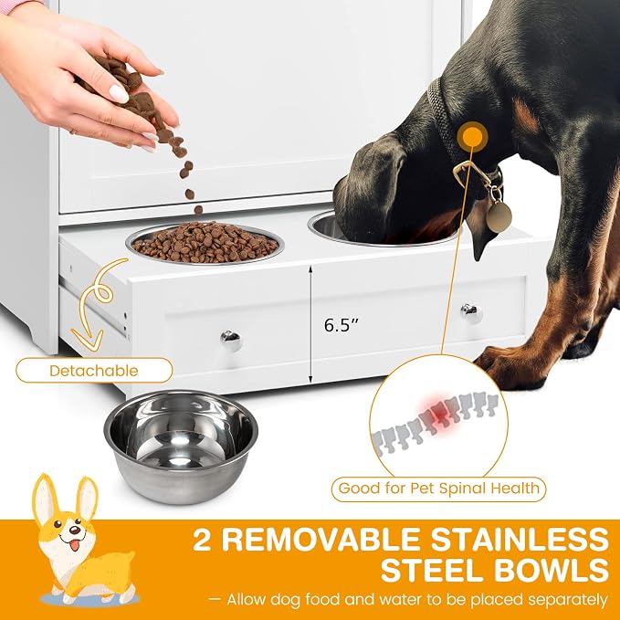 Tangkula Pet Feeder Station, Dog Food Storage Container with Double Pull Out Dog Bowls, Pet Food Toy Organizer Cabinet, Pet Feeding Station Furniture for Dogs Cats Feeding & Watering Supplies (White)