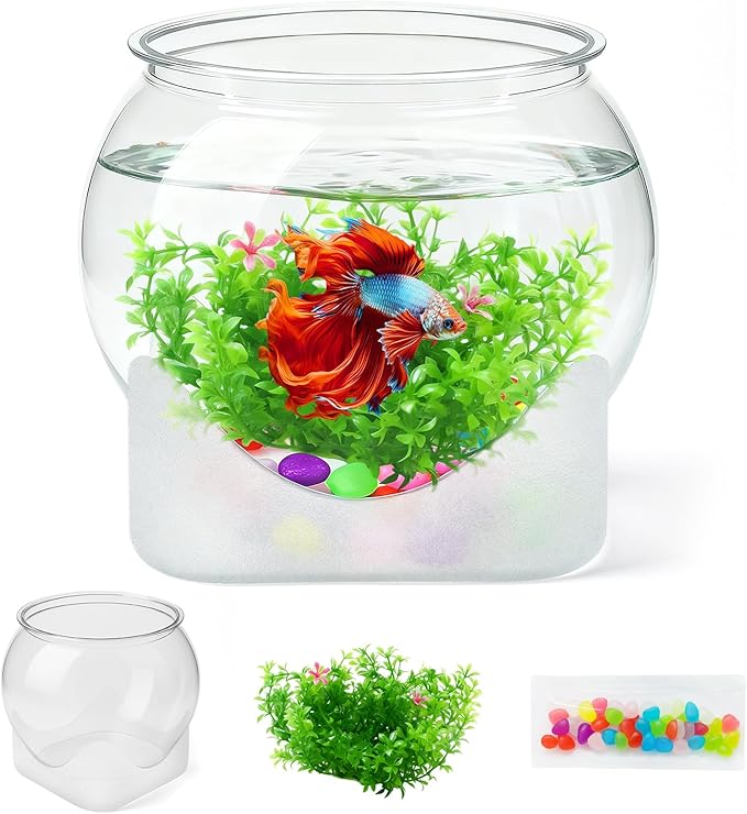 Plastic Fish Bowl Beta Fish Aquariums Scratch-Resistant and Shatterproof Mini Desktop Hydroponic Goldfish Tank (0.92Gallon/ 3.5L)