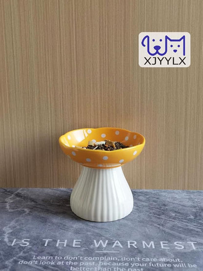 Mushroom Elevated Cat Bowls Ceramic, Cute Cat Bowls Whisker Fatigue | Raised Cat Bowl for Indoor Cats, Raised Dog Bowls Stand for Food and Water, Yellow 6" Wide for Adult Cats