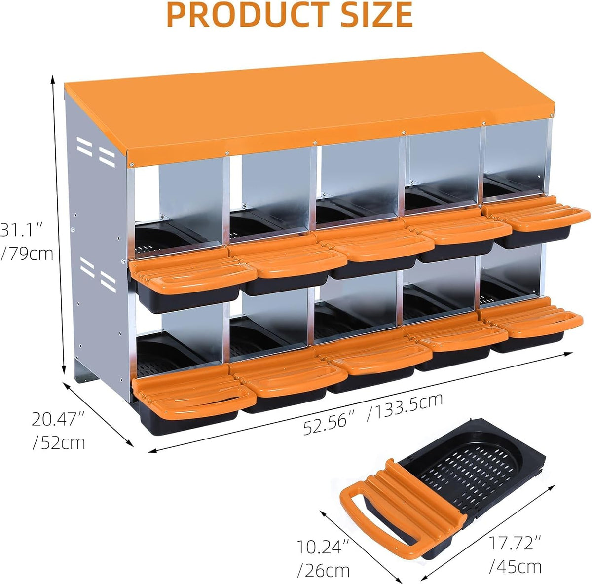 Chicken Nesting Boxes, 10 Hole Metal Chicken Laying Box with with Removable Trays and Roll Out Egg Collection for Chicken Coop, Orange