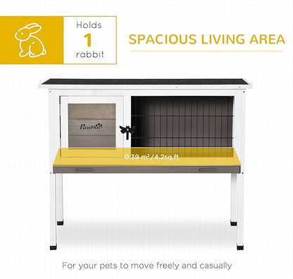 PawHut Elevated Wooden Rabbit Hutch, Indoor/Outdoor Bunny Cage with Hinged Asphalt Roof and Removable Tray for Guinea Pig, Brown