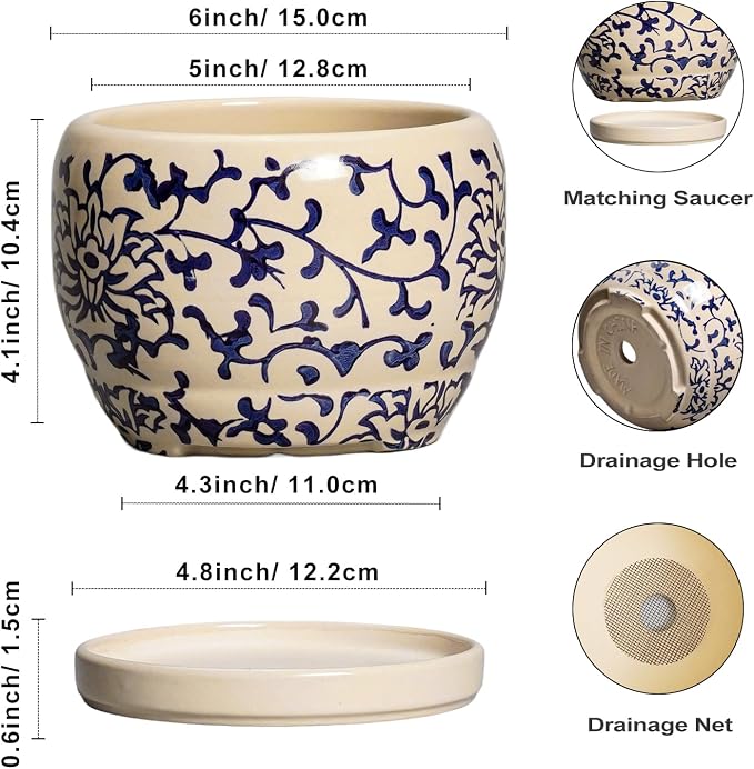 SQOWL Ceramic Flower Pots - 6 Inch Plant Pot Indoor with Drainage Hole and Saucer, Porcelain Ceramic Planter Outdoor, Decorative Round Small Planter, House Decor, Plant Lover Gifts, Blue and Beige
