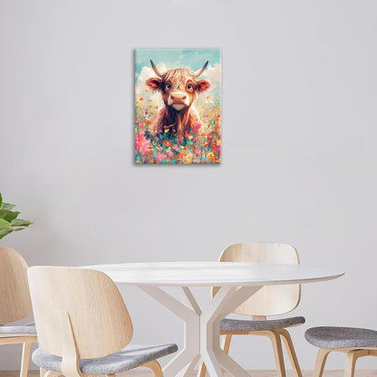 Highland Cow Wall Art Canvas Flower Cattle Wall Decor Prints Framed Painting Animal Pictures Gifts Artwork for Bathroom Living Dining Kitchen 16"x20"