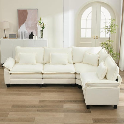 URRED Cloud Couch Modular Sectional Sofa, 116" Modern L Shaped Deep Seat Sofa with Pillows, Ultra Comfy Chenille Corner Couches for Living Room, Bedroom or Apartment, White