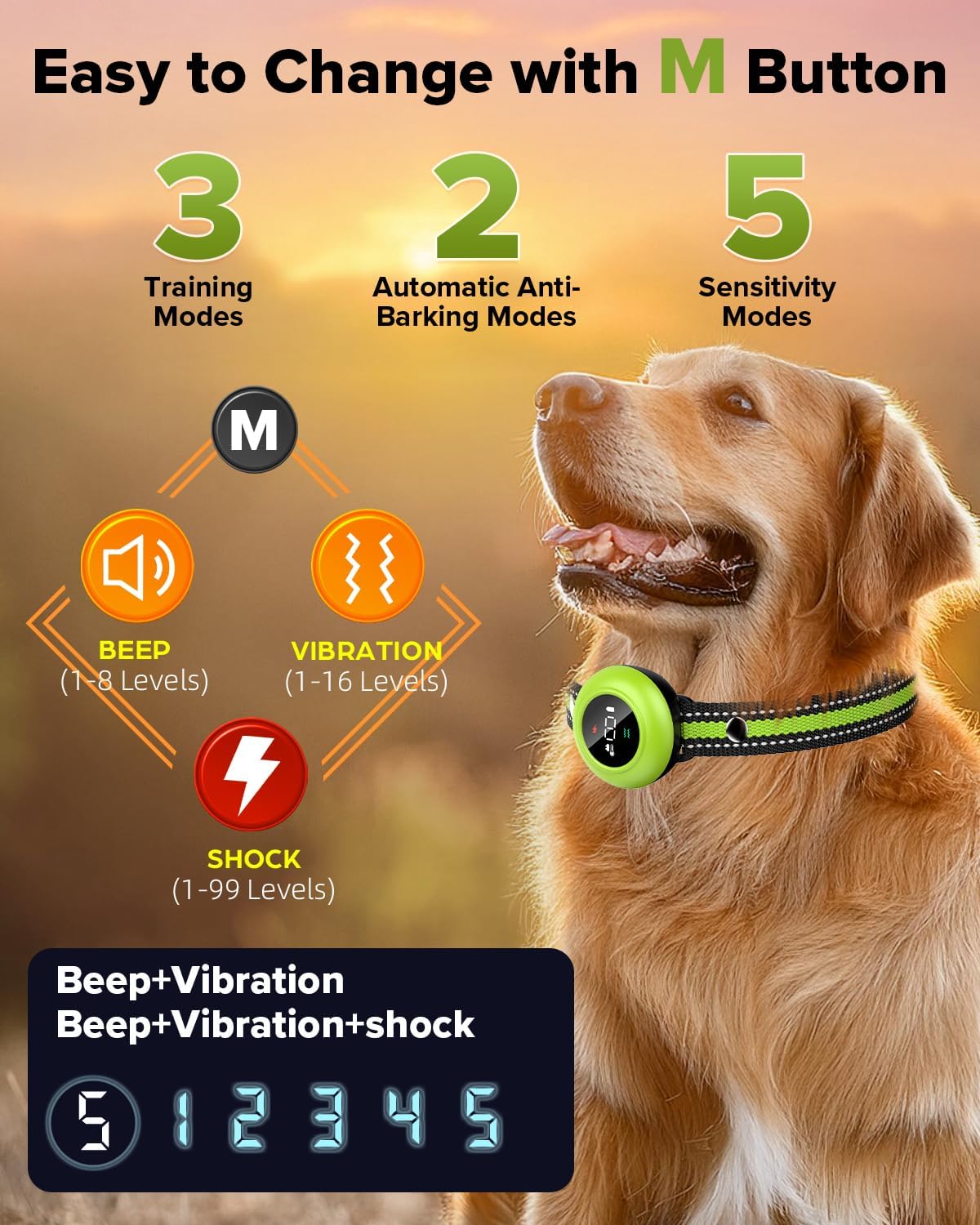 XDX 2-in-1 Dog Shock Collar & Bark Collar – 3300FT Dog Training Collar with Remote, Automatic Anti-Barking, 5 Adjustable Sensitivity Levels, IP67 Waterproof E-Collar for Small Medium Large Dogs