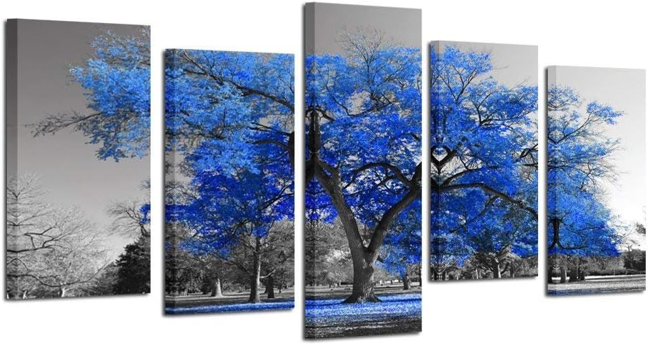 KREATIVE ARTS Canvas Print Wall Art Painting Contemporary Blue Tree In Black And White Style Fall Landscape Picture Modern Giclee Stretched And Framed Artwork (Large Size 60x32inch)