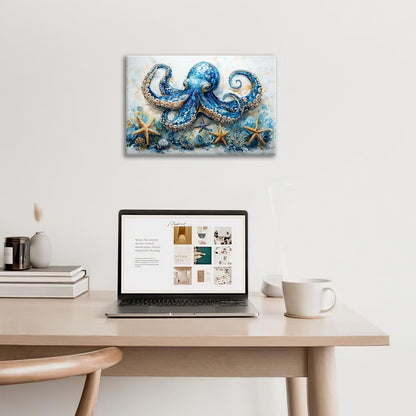Octopus Bathroom Pictures Wall Art, Sea Animal Ocean Bathroom Wall Decor, Nautical Framed Painting Canvas Artwork for Bedroom Living Room Decorations 24"L x 16"W