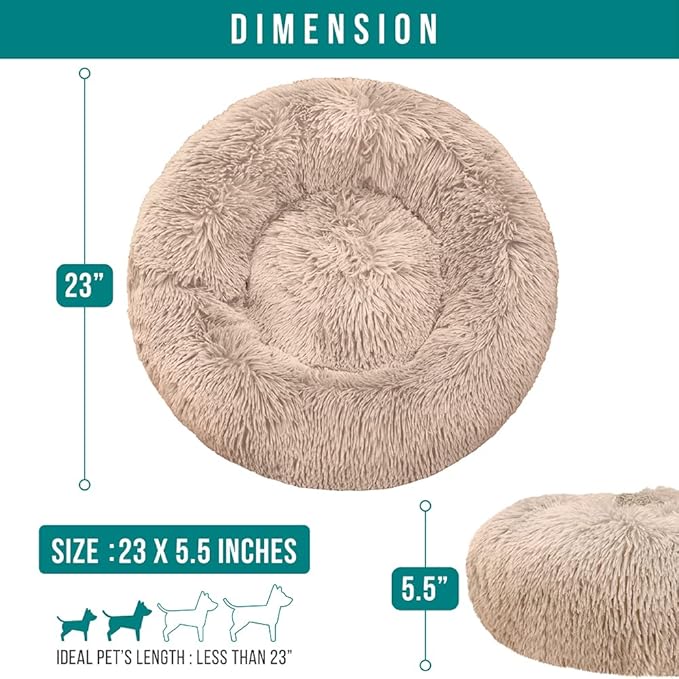 PetAmi Calming Dog Bed for Small Medium Dog Cat, Round Donut Dog Bed Washable, Fluffy Faux Fur Plush Cuddler Pet Kitten Cushion Bed, Anti-Slip, Fits up to 25 lbs, 23 inch, Taupe