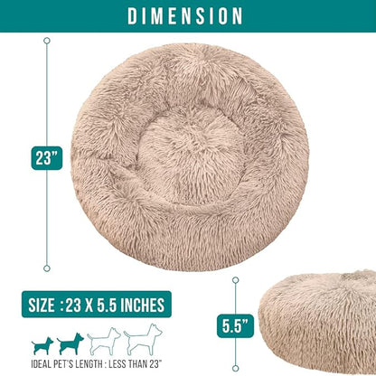 PetAmi Calming Dog Bed for Small Medium Dog Cat, Round Donut Dog Bed Washable, Fluffy Faux Fur Plush Cuddler Pet Kitten Cushion Bed, Anti-Slip, Fits up to 25 lbs, 23 inch, Taupe