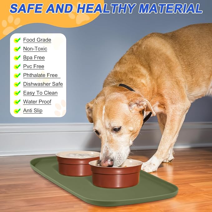 SMILOOL Waterproof Silicone Pet Food Mat with Raised Edge for Dog & Cat | 24" x 16" Non-Slip Pet Feeding Mats with Lip for Food & Water Bowl, Food Grade, Easy Cleaning, Light Olive Green