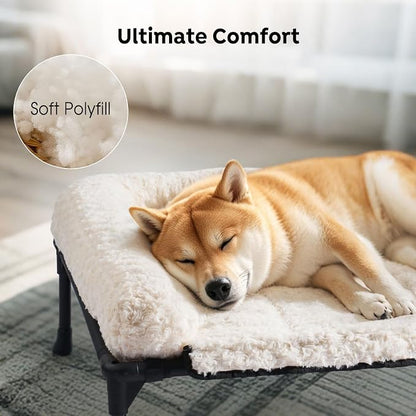 Veehoo Orthopedic Elevated Dog Bed Add Removable Deluxe Rose Plush Bolster Cushion Mat, 35" x 22" Washable Dog Couch Bed, Raised Pet Cot with Breathable Teslin Mesh, No-Slip Feet, White, CWC2439B