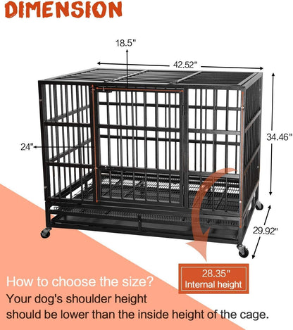 LEMBERI 42 inch Heavy Duty Indestructible Dog Crate, Escape Proof Dog Cage Kennel with Lockable Wheels,High Anxiety Double Door Dog Crate,Extra Large Crate Indoor for Large Dog with Removable Tray
