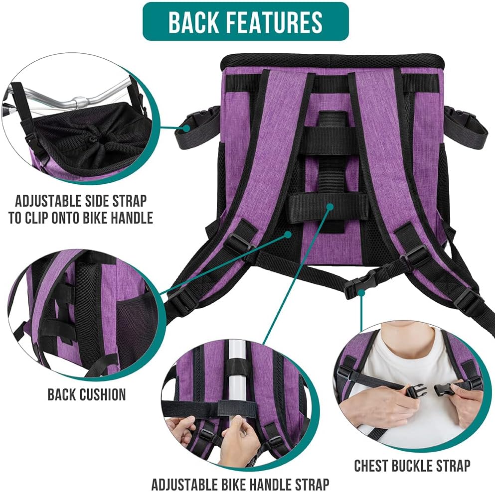 PetAmi Dog Bike Basket, Soft-Sided Ventilated Dog Bike Carrier Backpack, Pet Bicycle Basket for Bike Handlebar, Small Medium Puppy Cat Kitten Car Booster Seat with Safety Strap, Max 18 lbs, Purple