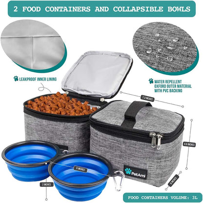 PetAmi Dog Travel Bag - Organizer with Food Container, Bowls & Accessories for Weekend Camping, Cat Diaper Bag (Grey, Medium)