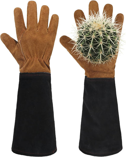 HANDLANDY Leather Gardening Gloves for Men & Women, Rose Pruning Thorn Proof Garden Glove, Long Sleeve Gauntlet Gloves (Black-brown, Large (Pack of 1))