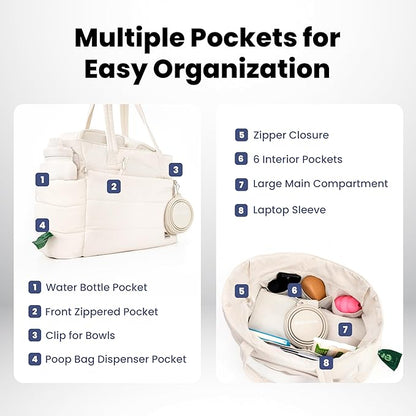 Puffer Dog Travel Bag for Dog Moms, Diaper Bag with Travel Bowls | 2 BPA-Free Collapsible Bowls, 2 Pet Food Containers, 9 Pockets, Everyday Puffer Bag Works With or Without Your Dog, Beige