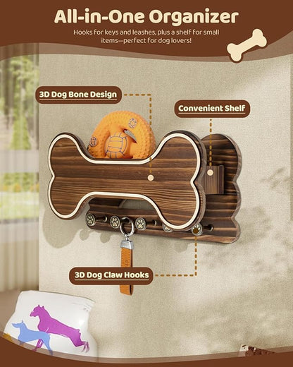MTERSN Farmhouse Dog Leash Holder for Wall - Dog Stuff Organizer and Doggie Bone Key Holder Wall Mount with 5 Decorative 3D Puppy Paw Hooks & Storage Shelf - Ideal Home Decor (Brown)