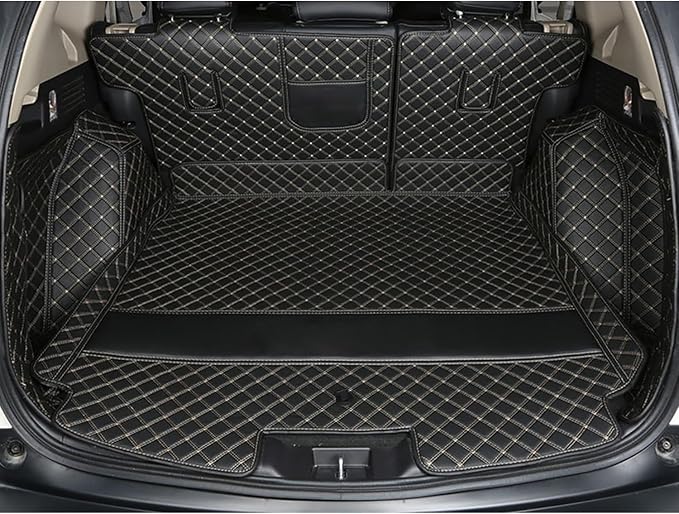 for BMW X7 2+3+2 Seater Trunk Mat Cargo Cover Dog Liner Full Coverage 3D Laser Measured (Trunk Mat+2nd Row Backrest Mat+3rd Row Backrest Mat+Both Sides Panel) (Black with Gold Stitching