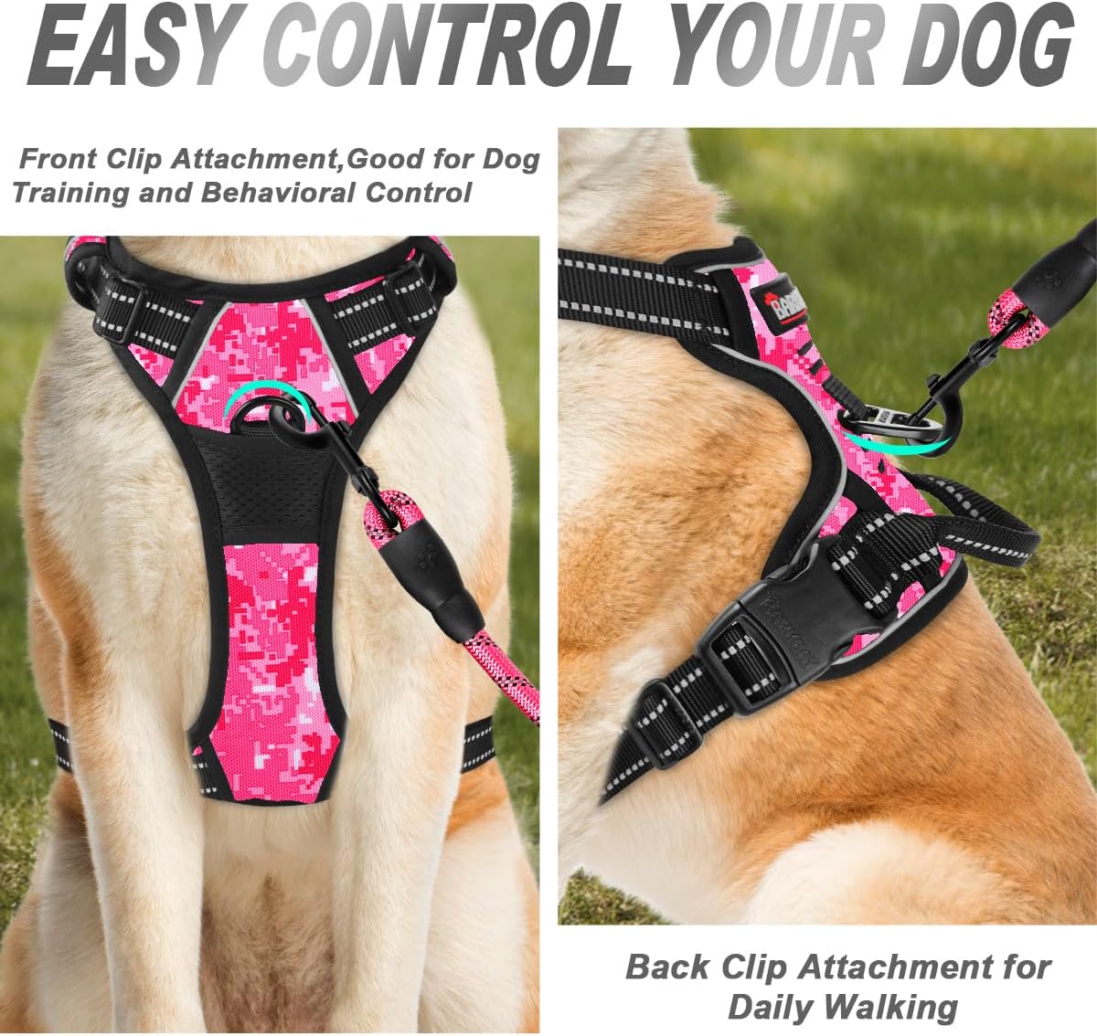 BARKBAY No Pull Dog Harness Front Clip Heavy Duty Reflective Easy Control Handle for Large Dog Walking(Pink camo,S)