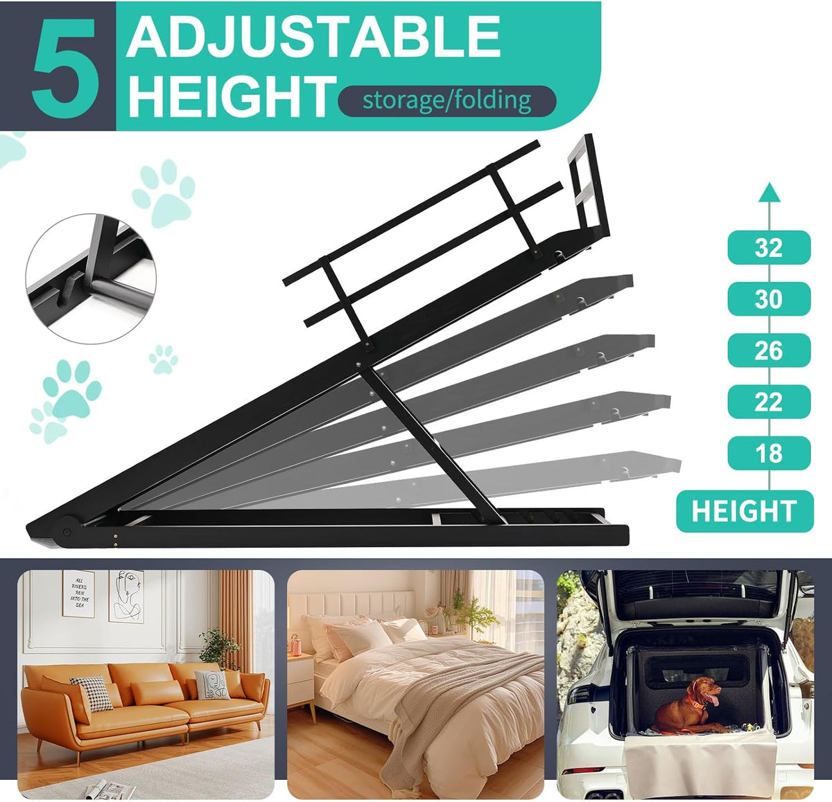 Dog Ramp, 5 Level Adjustable Height Folding Pet Ramp for High Bed, Portable Paw Ramps Large Bed Ramp for Medium & Large Old Dogs & Cats - Natural Wood Furniture Quality