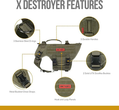 OneTigris Large Tactical Dog Harness, No Pulling Adjustable Dog Vest Harness, Heavy Duty Dog Harness with Handle, Large Hook and Loop Panels for Patch Green