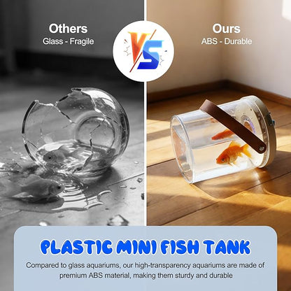Portable Mini Fish Tank, Rechargeable,with Air Pump Oxygenation, and Multi-Color Automatic Switching LED Lights. 0.3 Gallon Plastic Aquarium for Travel