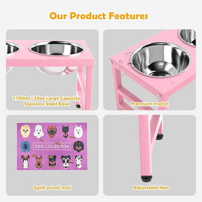 Raised Dog Bowl Stand 10 Inch Tall, Elevated Pet Feeder with 2 Stainless Steel Bowls (1700ml/58oz) & Anti-Spill Silicone Mat for Large Dogs, Stable Metal Frame Feeding Station, Pink