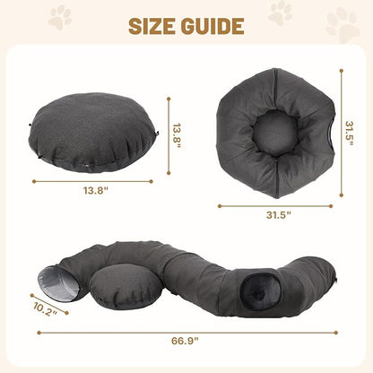 Cat Tunnel Bed for Indoor Cats, Cooling Natural Linen Cat Tunnel 29.5in | Breathable Kitten Toys Cat Tunnel with Washable Mat, Round Pet Tunnel for Kittens, Squirrels Dark Grey